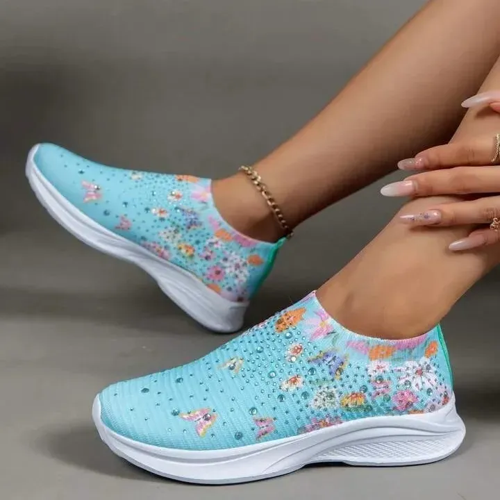 Flower Rhinestone Slip-on Sport Sneakers