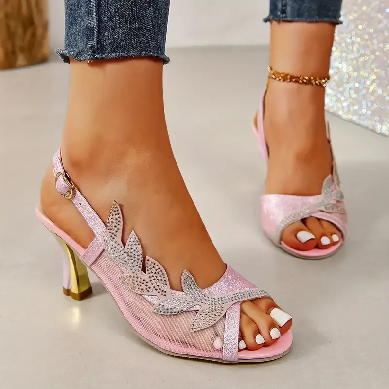 Women's Flower Rhinestone Block Heel Sandals