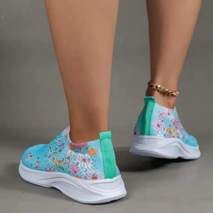 Flower Rhinestone Slip-on Sport Sneakers