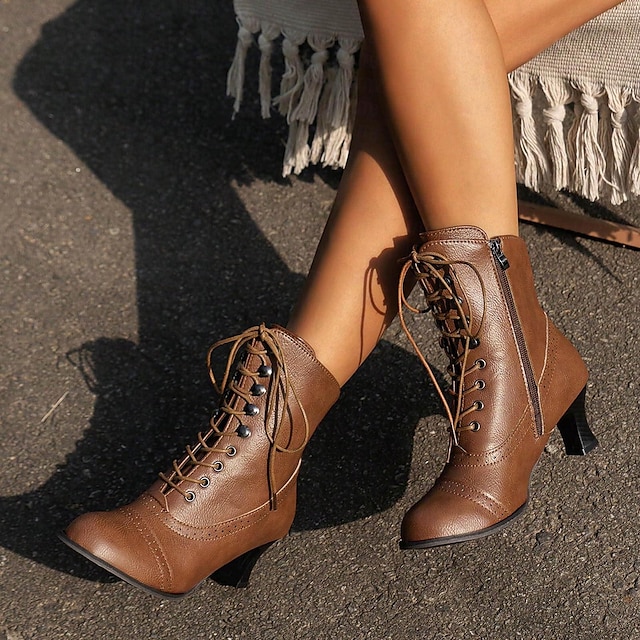 Women's Victorian Brown Lace-Up Mid-Heel Boots