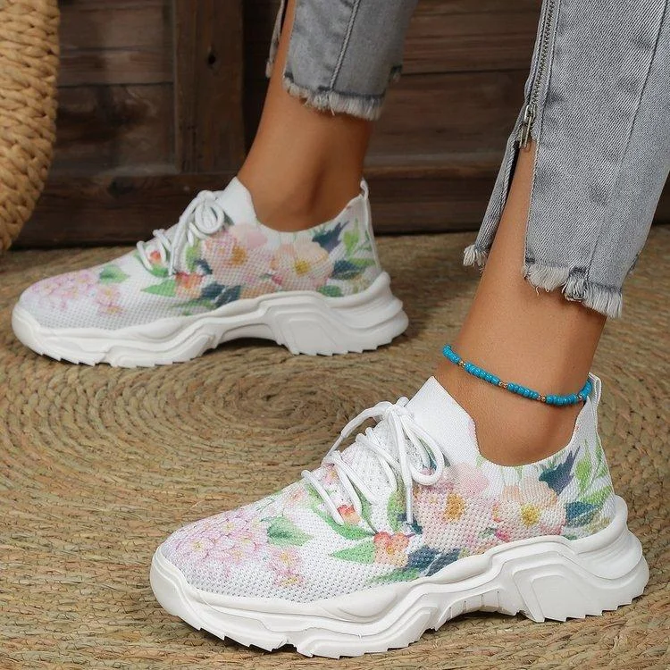 Floral Print Lace-up Breathable Orthopedic Sneakers