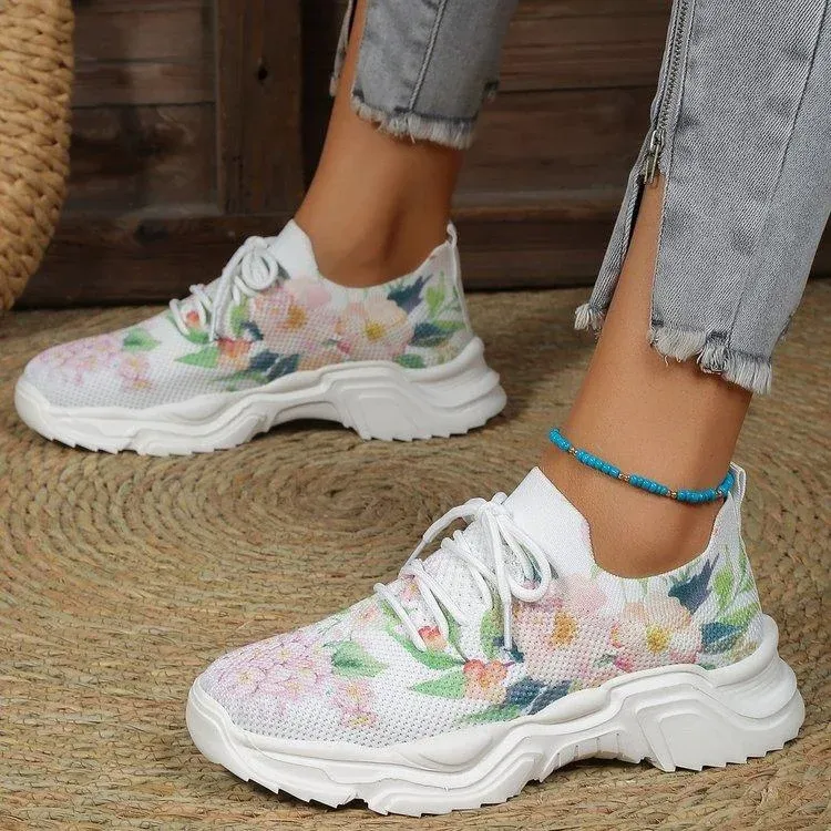 Floral Print Lace-up Breathable Orthopedic Sneakers
