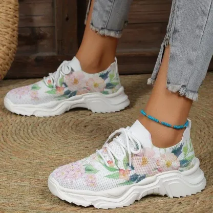 Floral Print Lace-up Breathable Orthopedic Sneakers