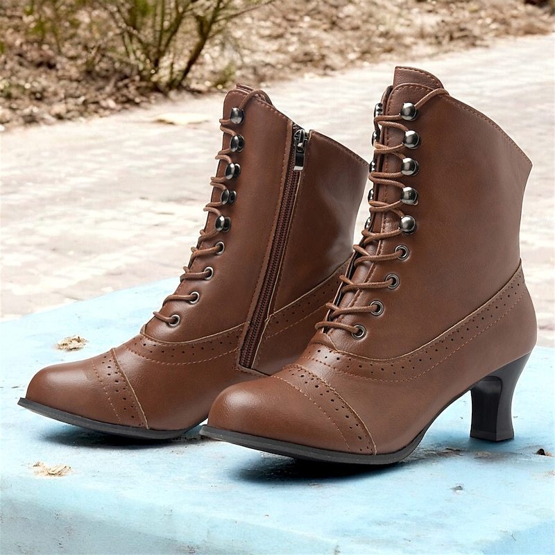 Women's Victorian Brown Lace-Up Mid-Heel Boots