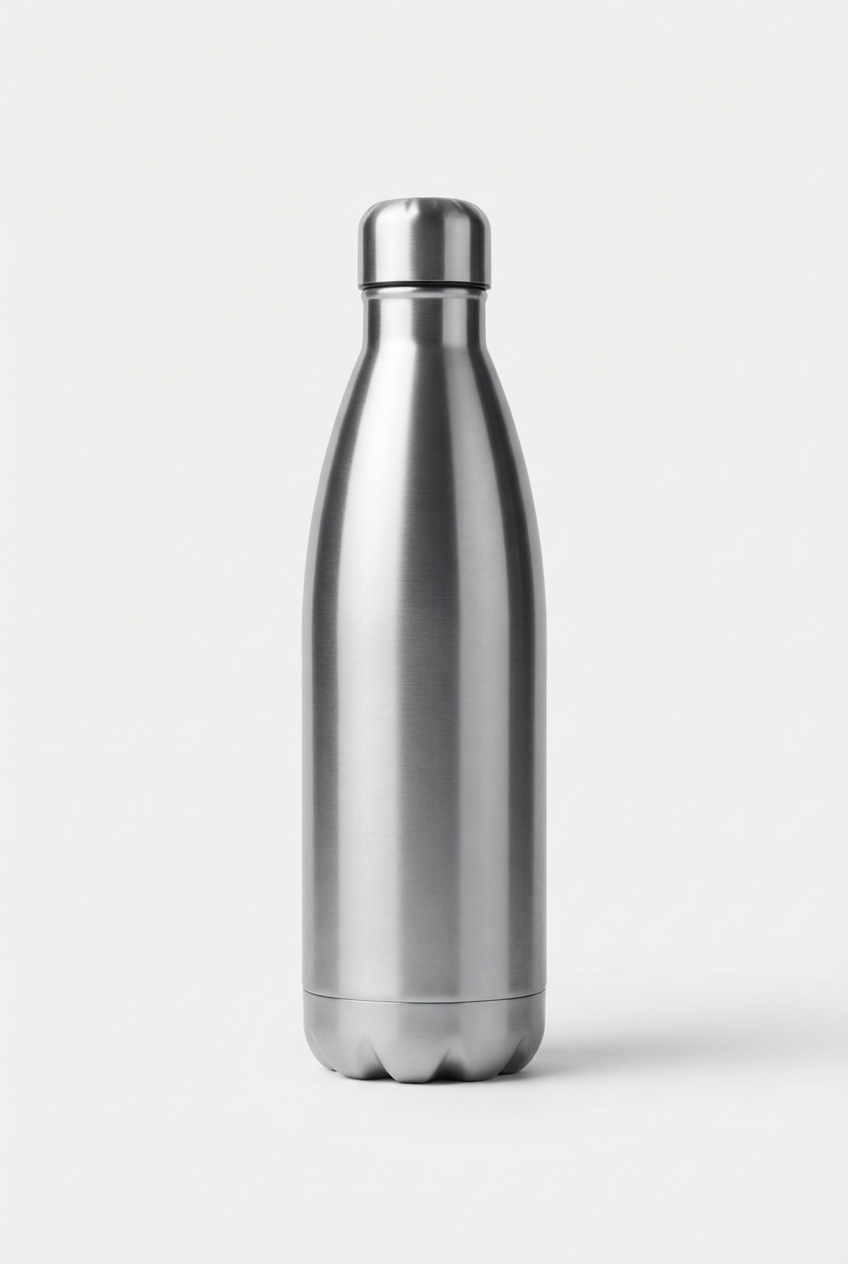 Insulated stainless steel water bottle standing upright showing full contour.