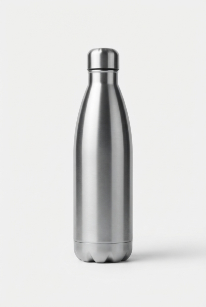 Insulated stainless steel water bottle standing upright showing full contour.