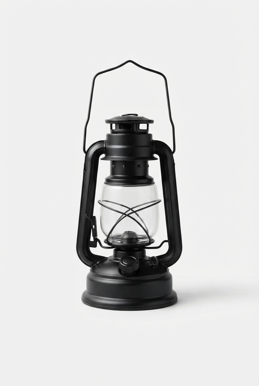 Rechargeable LED camping lantern standing upright showing full design.