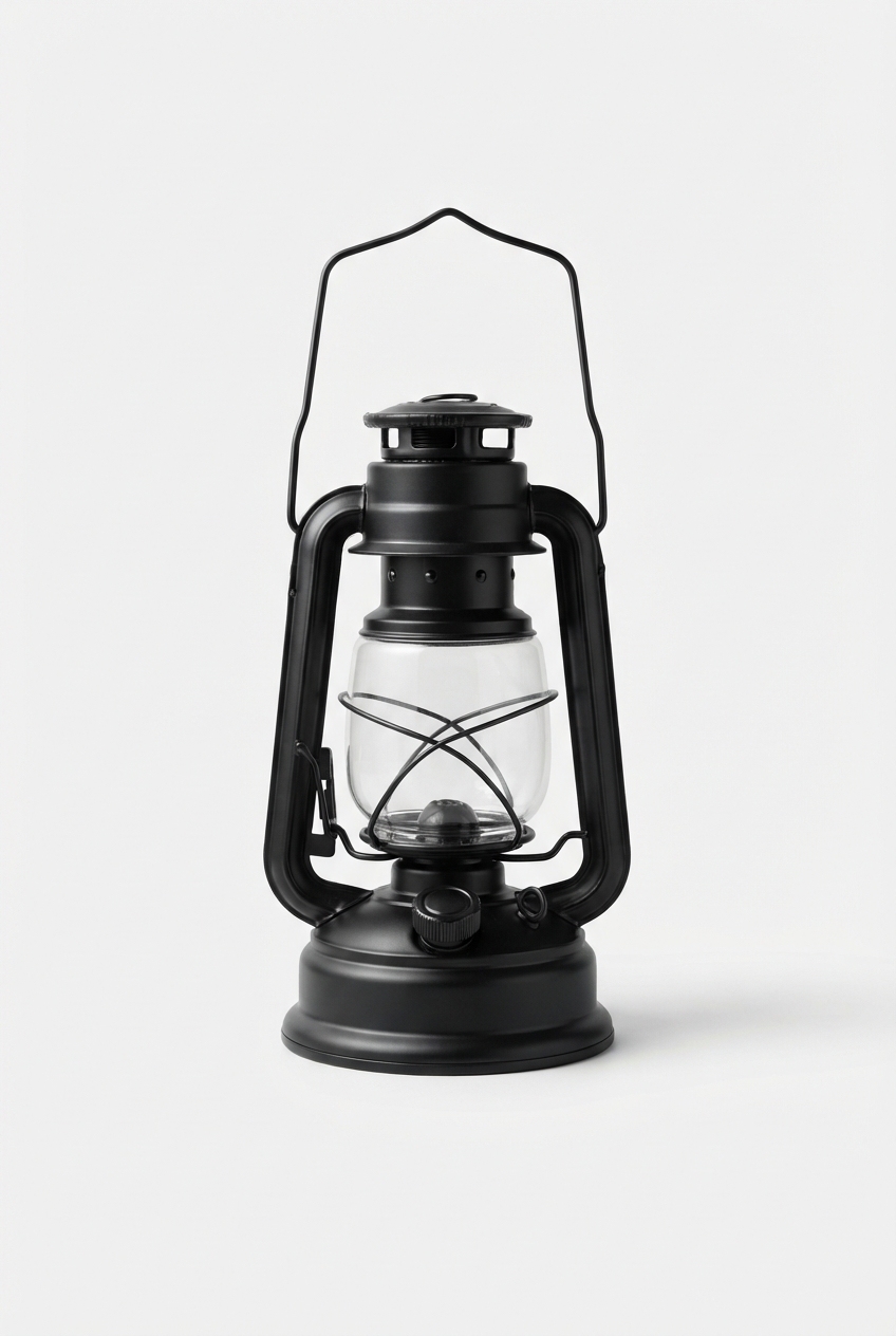 Rechargeable LED camping lantern standing upright showing full design.