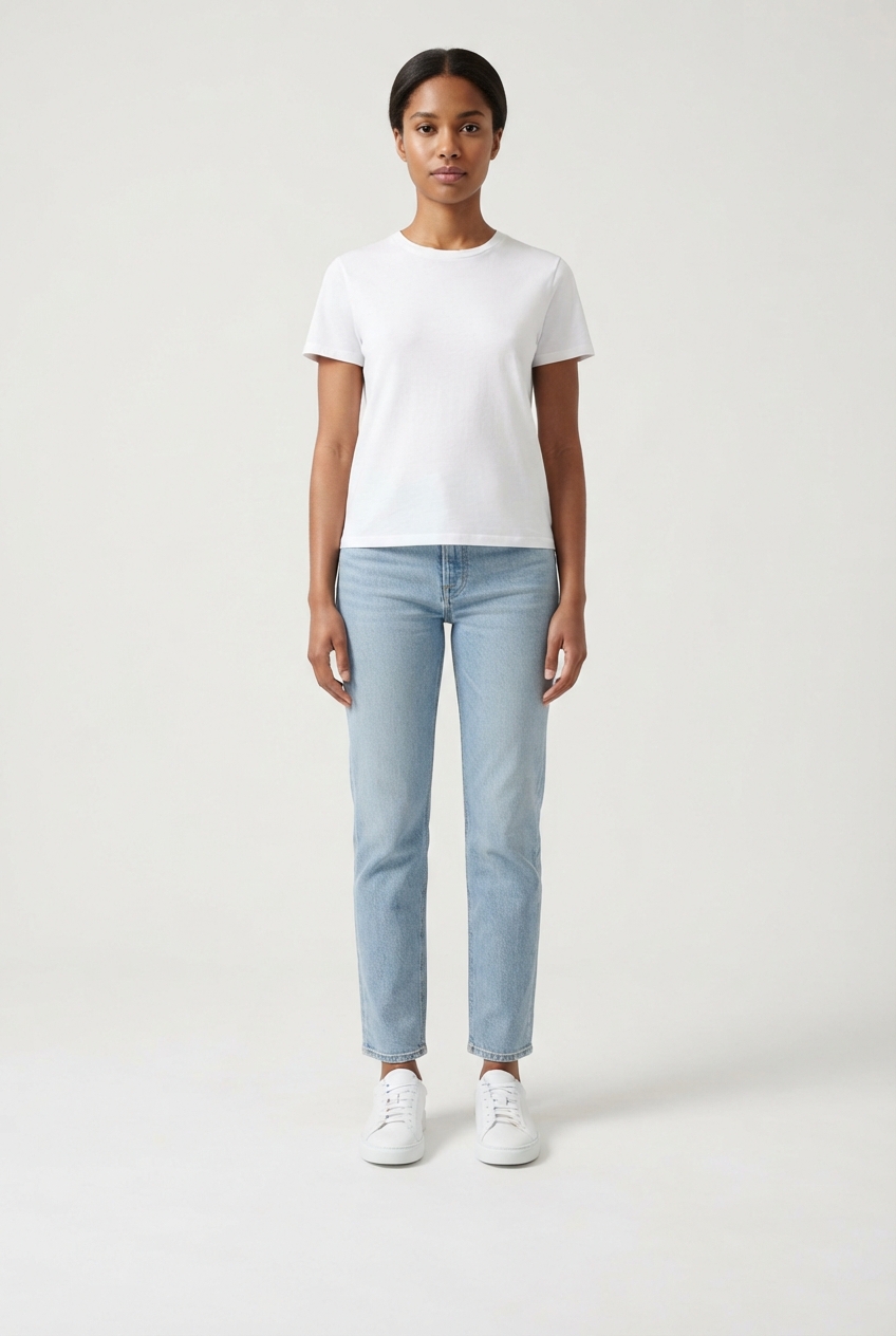 Model standing wearing white walking sneakers, both shoes visible.