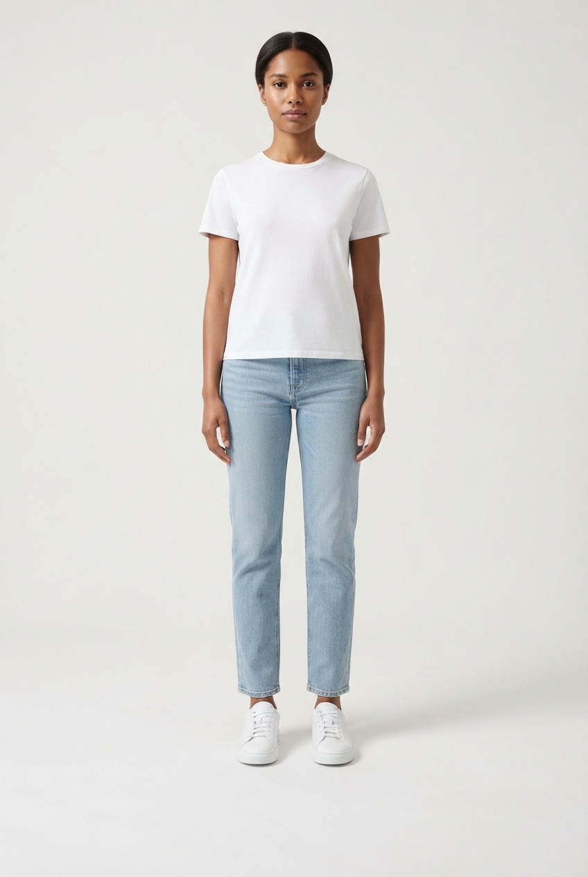Model standing wearing white walking sneakers, both shoes visible.