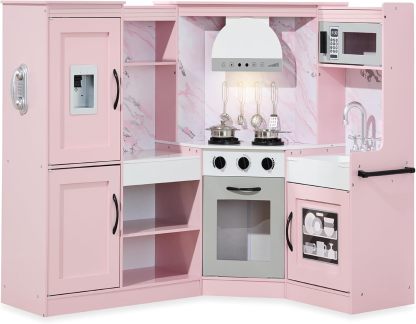 Best Choice Products Pretend Play Corner Kitchen, Ultimate Interactive Wooden Kids Playset w/Lights & Sounds, Ice Maker, Hood