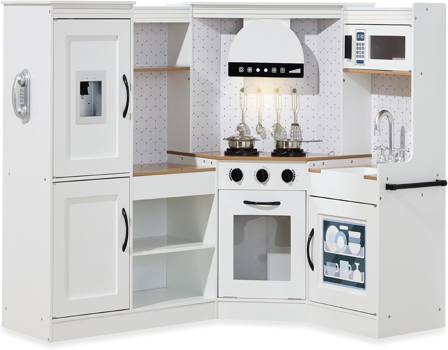 Best Choice Products Pretend Play Corner Kitchen, Ultimate Interactive Wooden Kids Playset w/Lights & Sounds, Ice Maker, Hood