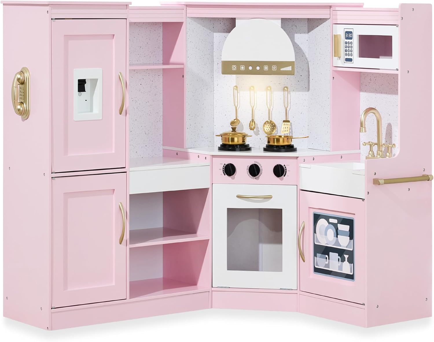 Best Choice Products Pretend Play Corner Kitchen, Ultimate Interactive Wooden Kids Playset w/Lights & Sounds, Ice Maker, Hood