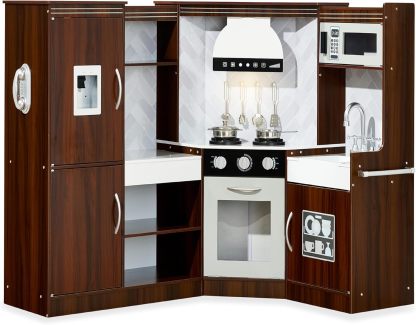 Best Choice Products Pretend Play Corner Kitchen, Ultimate Interactive Wooden Kids Playset w/Lights & Sounds, Ice Maker, Hood