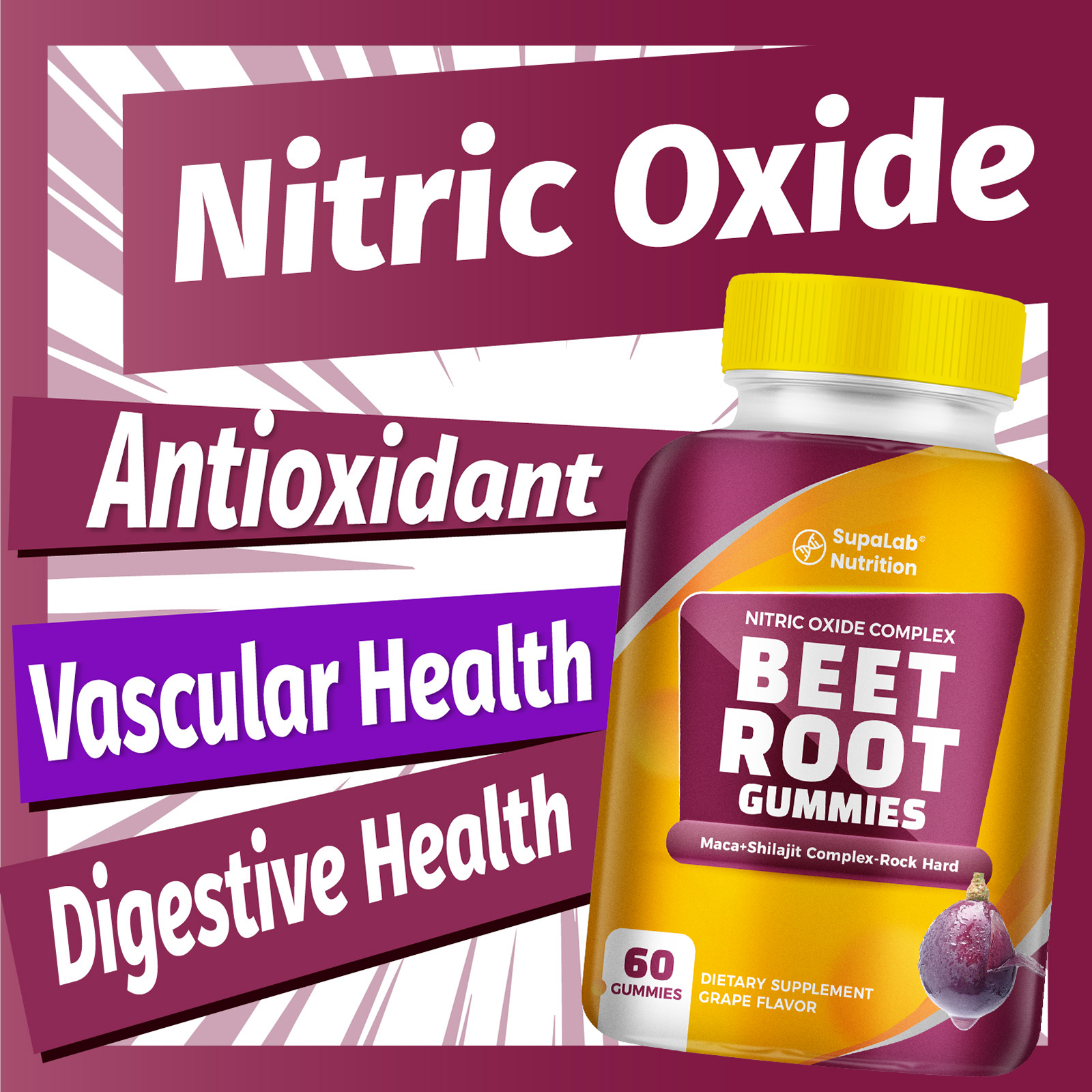 SupaLab Beet Root Gummies – Nitric Oxide Complex with Grape Seed & Pomegranate – Supports Blood Circulation & Antioxidant Defense – Grape Flavor – 60 Gummies