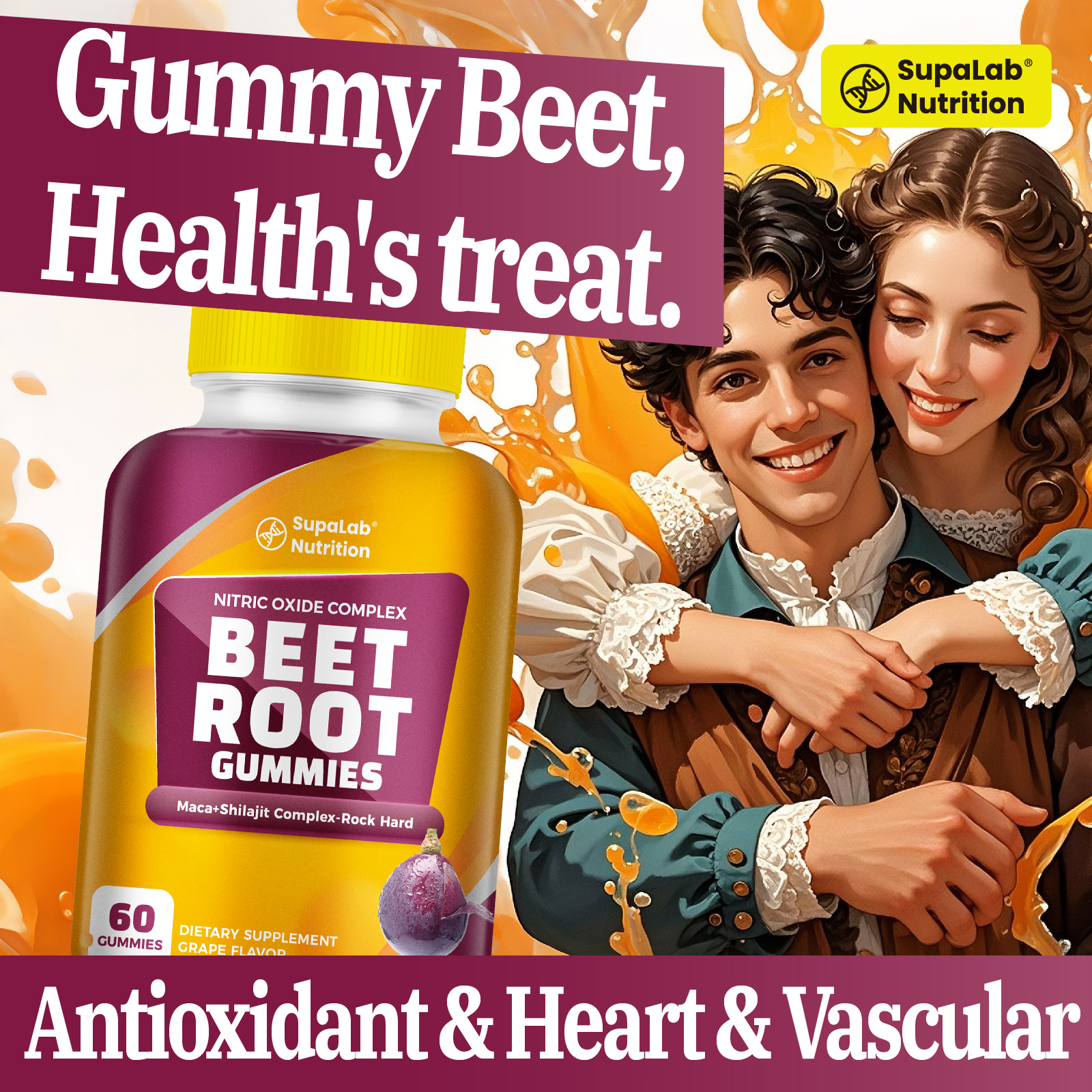 SupaLab Beet Root Gummies – Nitric Oxide Complex with Grape Seed & Pomegranate – Supports Blood Circulation & Antioxidant Defense – Grape Flavor – 60 Gummies