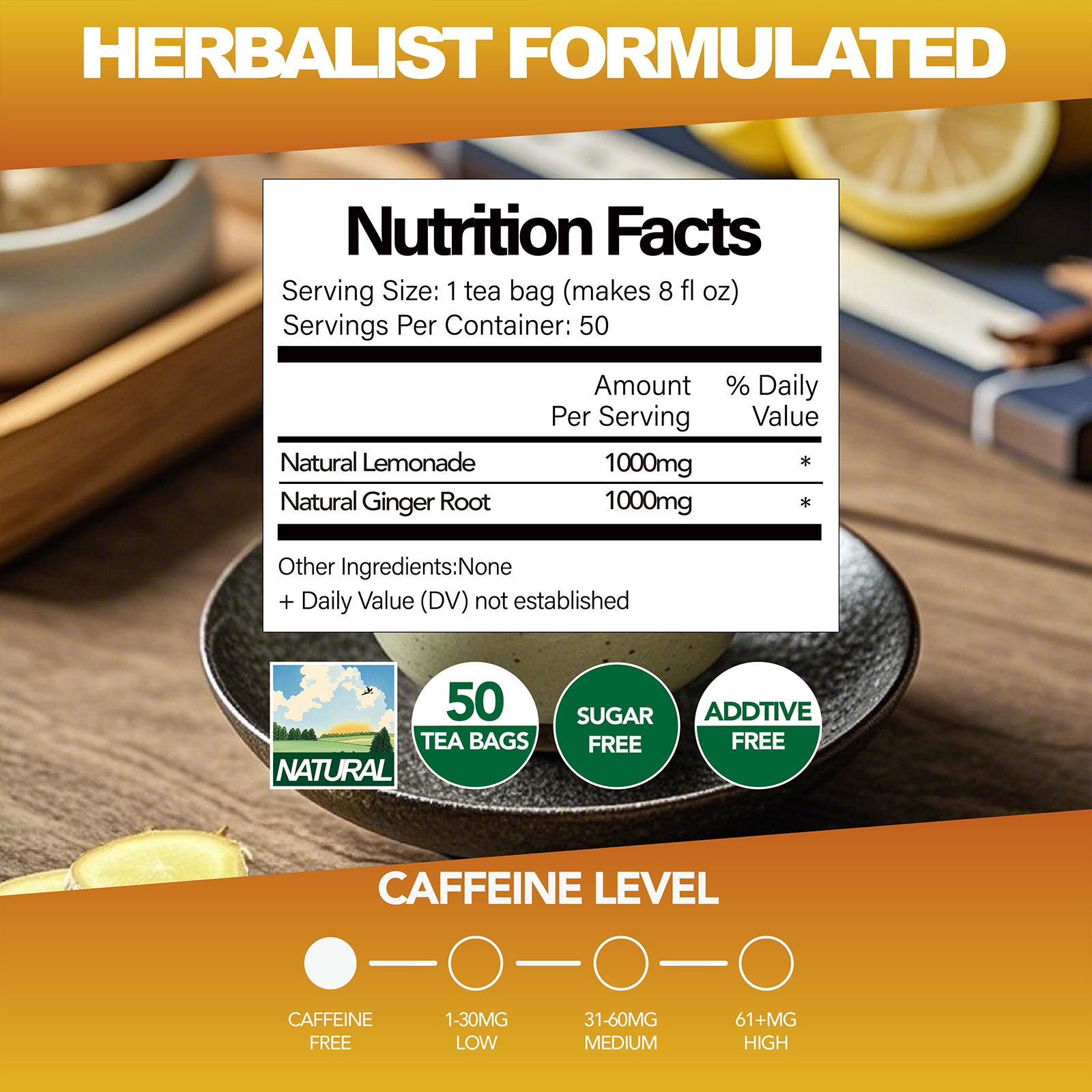 Lemon Ginger Herbal Tea | Caffeine-Free & Natural | 50 Packs