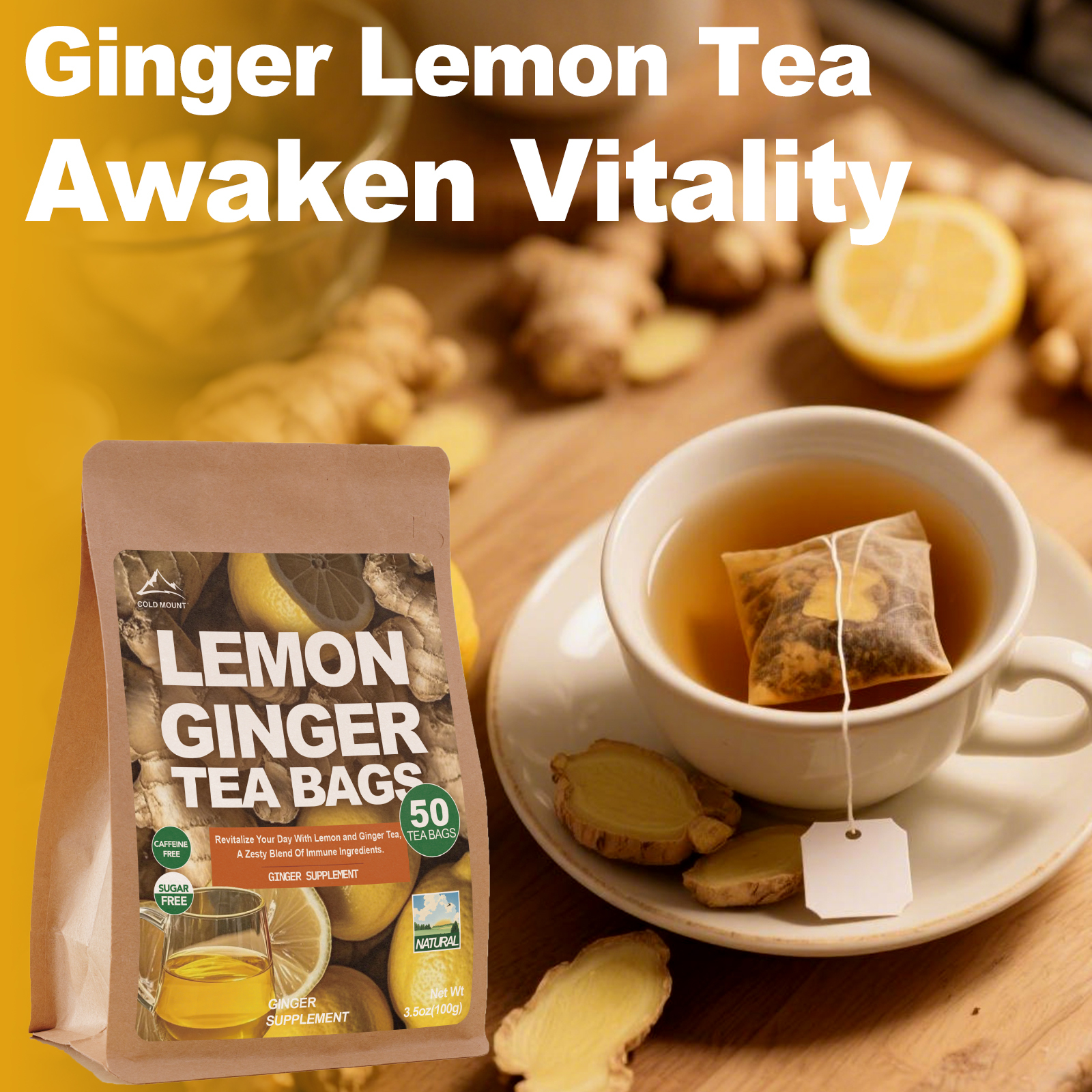 Lemon Ginger Herbal Tea | Caffeine-Free & Natural | 50 Packs