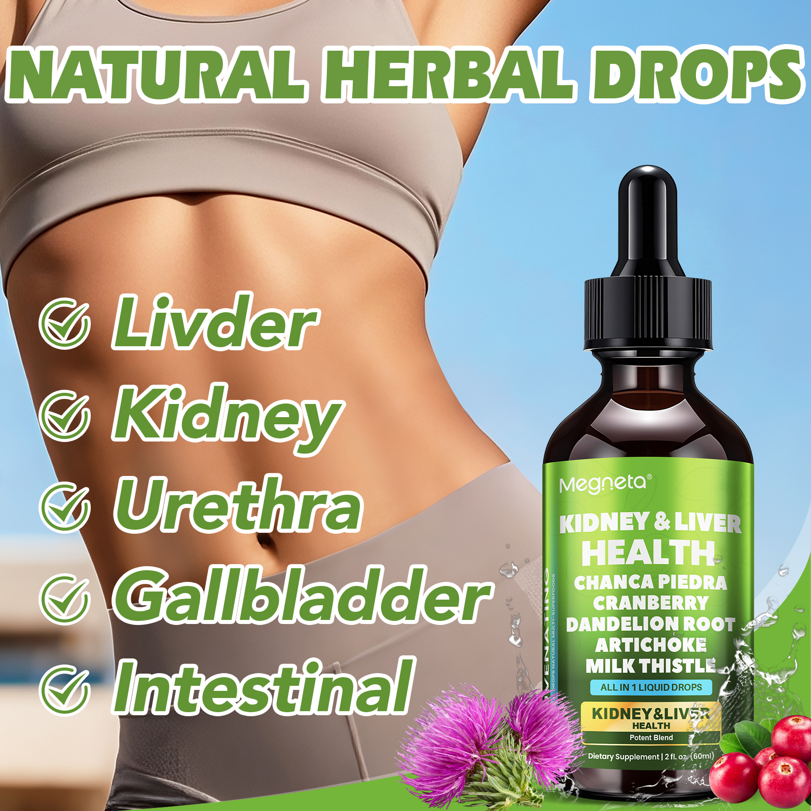 Herbal Kidney & Liver Support Drops – Milk Thistle, Cranberry, Dandelion & Artichoke – Liquid Detox Supplement