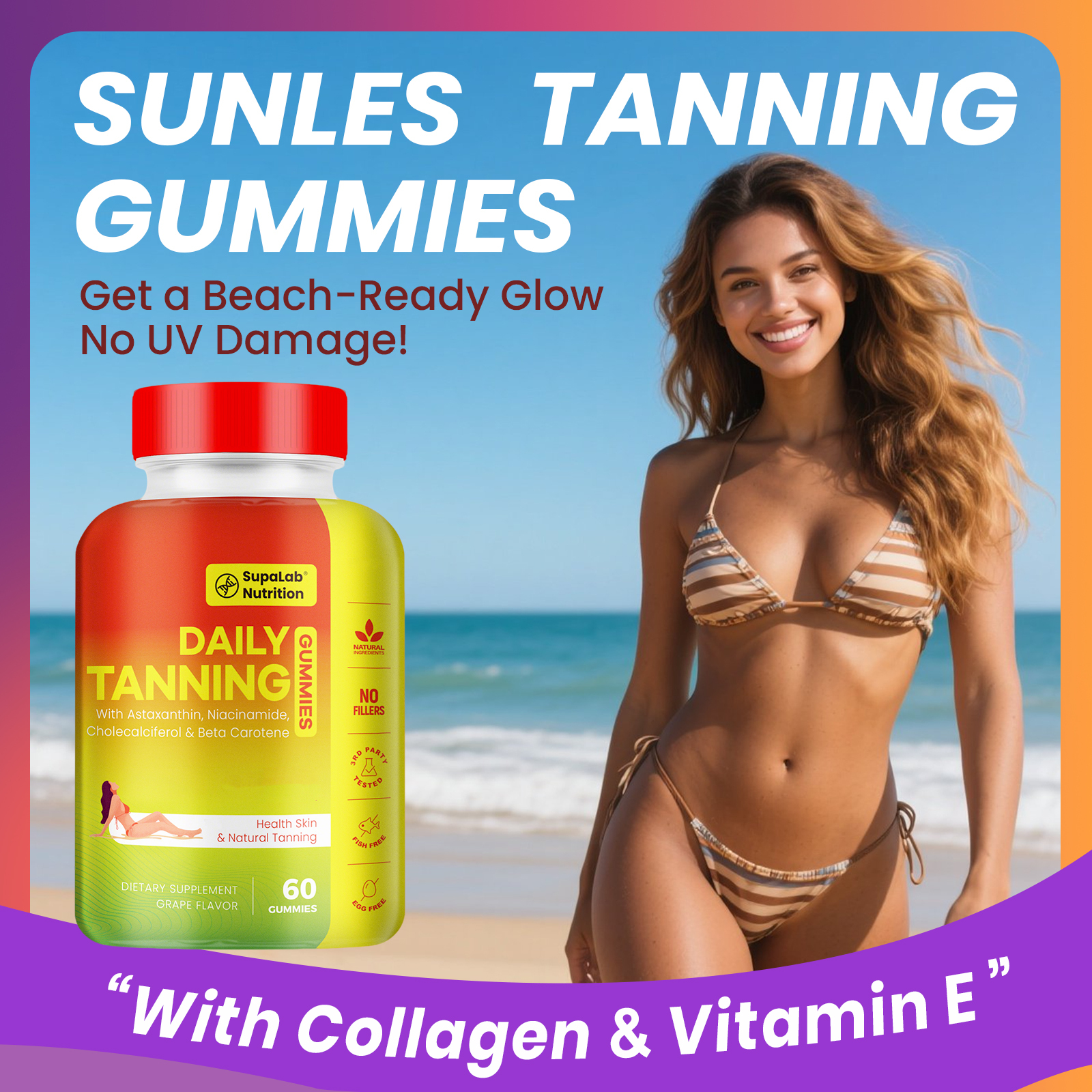 Tanning Gummies for Women Men - Natural Self Tanner Supplement with Astaxanthin, Beta Carotene, Lycopene, Zinc Citrate & Vitamins, Sunless Tan Booster, Skin Hydration & Glow (Purple)