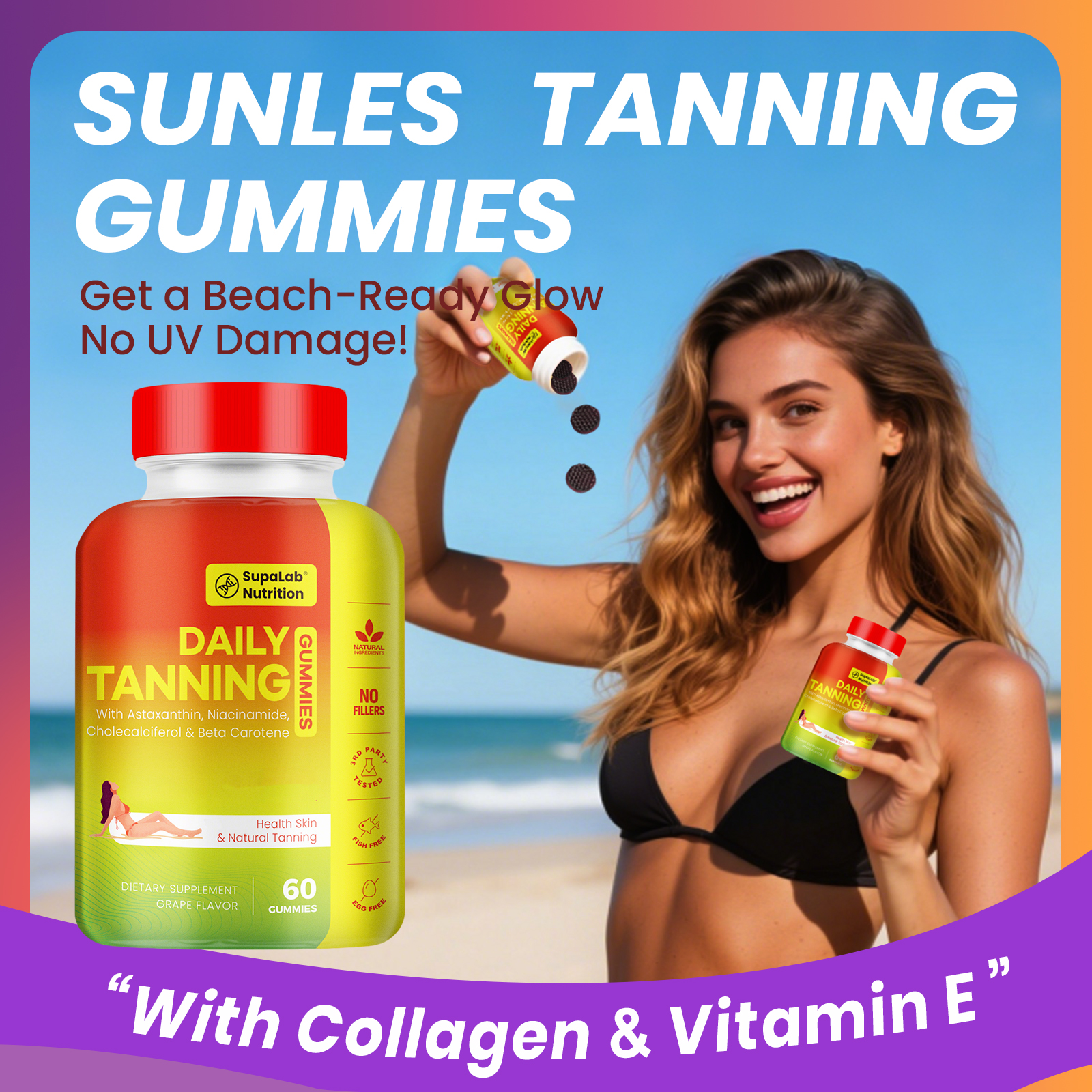 Tanning Gummies for Women Men - Natural Self Tanner Supplement with Astaxanthin, Beta Carotene, Lycopene, Zinc Citrate & Vitamins, Sunless Tan Booster, Skin Hydration & Glow (Purple)