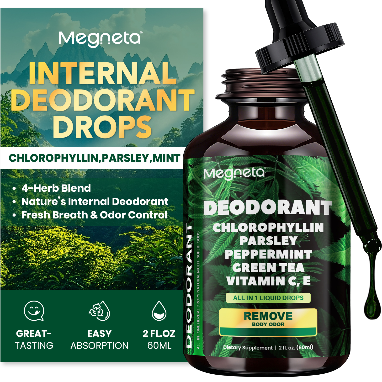 Liquid Chlorophyll Drops with Parsley, Peppermint & Green Tea – Natural Body Freshness & Inner Cleanse Support