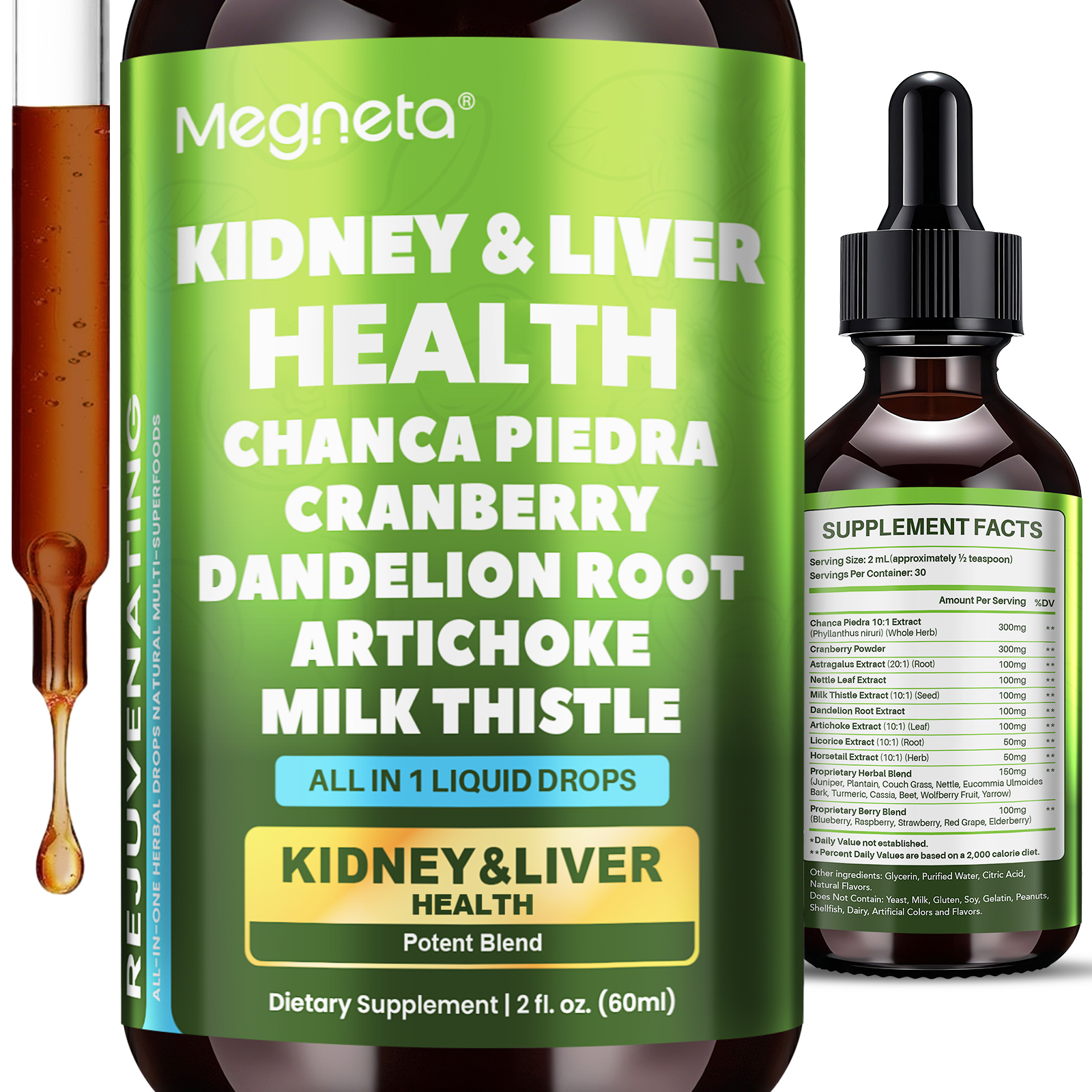 Herbal Kidney & Liver Support Drops – Milk Thistle, Cranberry, Dandelion & Artichoke – Liquid Detox Supplement