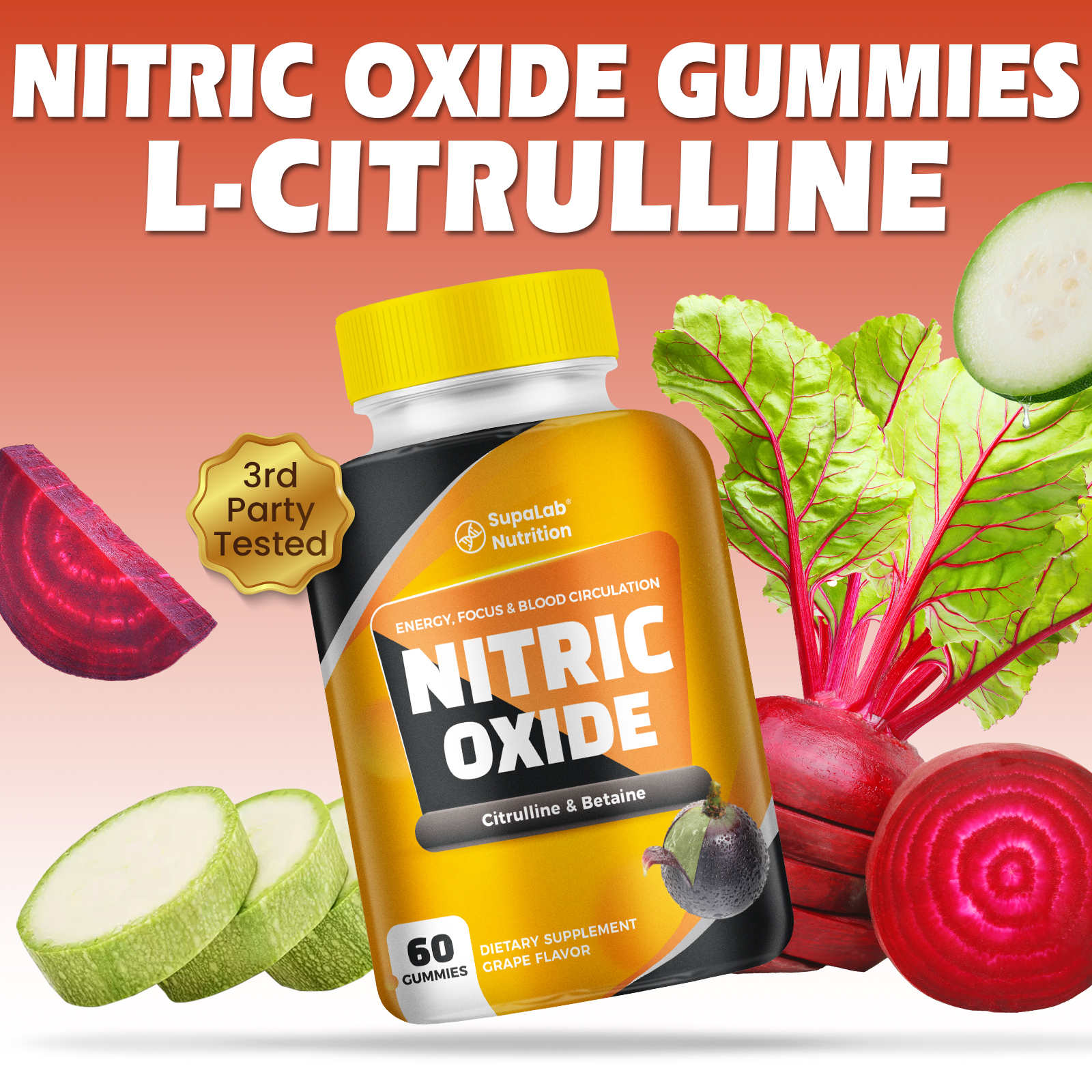 Nitric Oxide Supplements for Men-Citrulline Malate, Mg Beta Alanine, Betaine - 60 Capsules