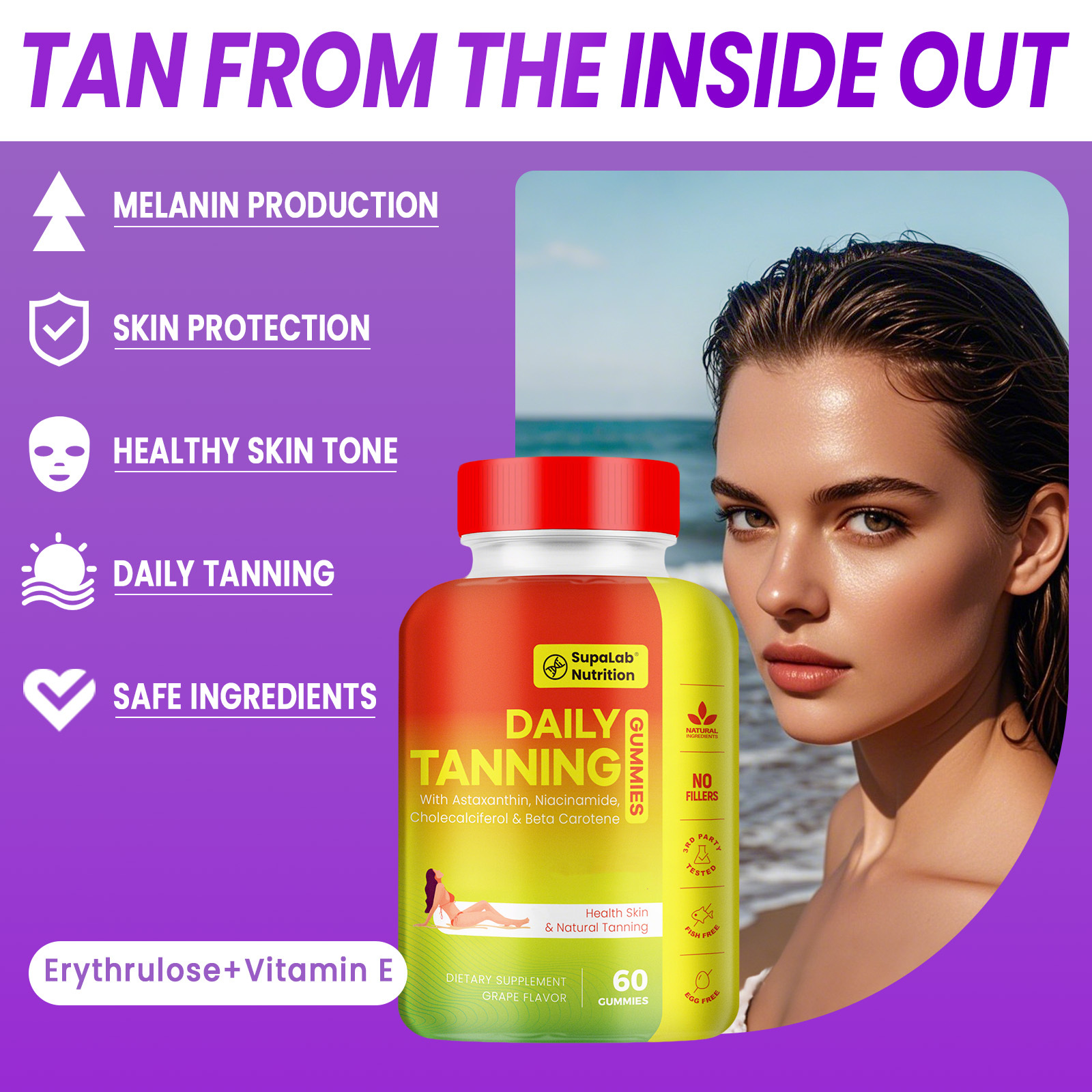 Tanning Gummies for Women Men - Natural Self Tanner Supplement with Astaxanthin, Beta Carotene, Lycopene, Zinc Citrate & Vitamins, Sunless Tan Booster, Skin Hydration & Glow (Purple)