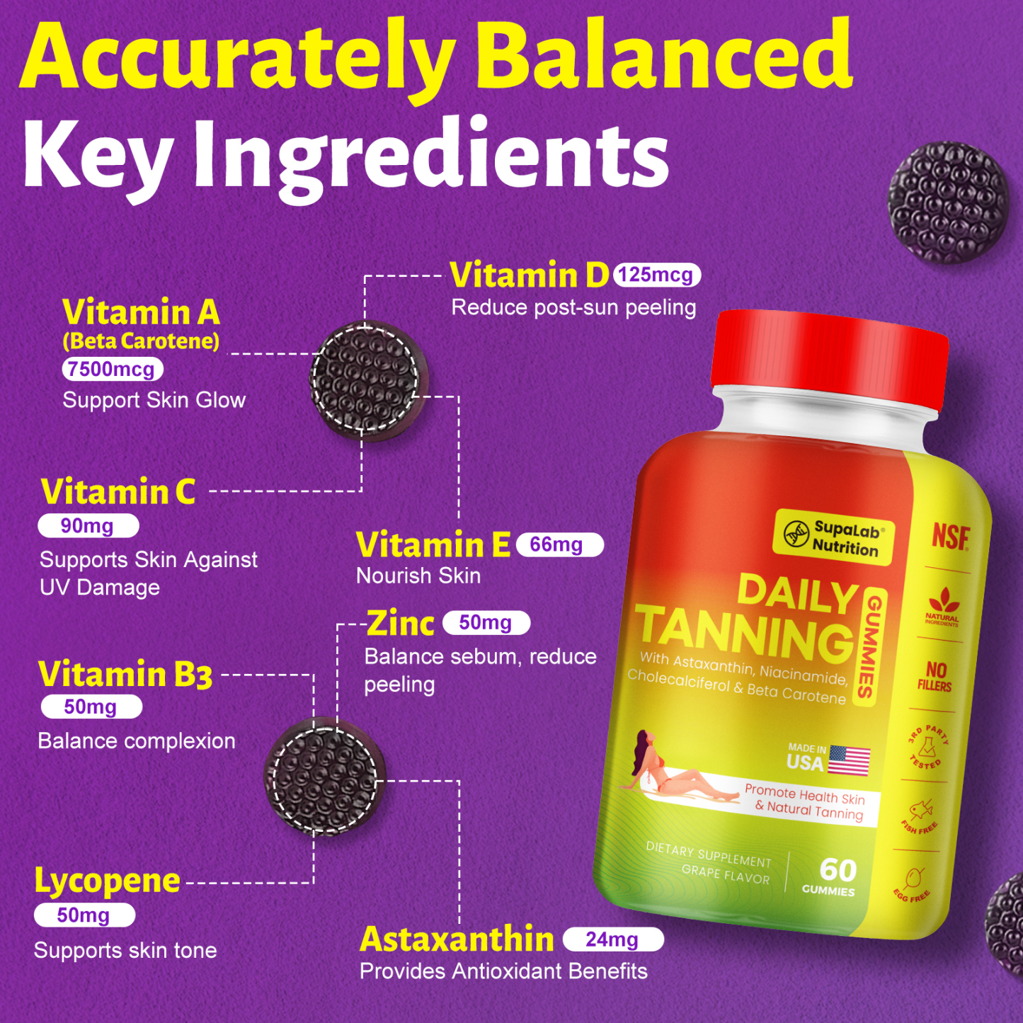 Tanning Gummies for Women Men - Natural Self Tanner Supplement with Astaxanthin, Beta Carotene, Lycopene, Zinc Citrate & Vitamins, Sunless Tan Booster, Skin Hydration & Glow (Purple)