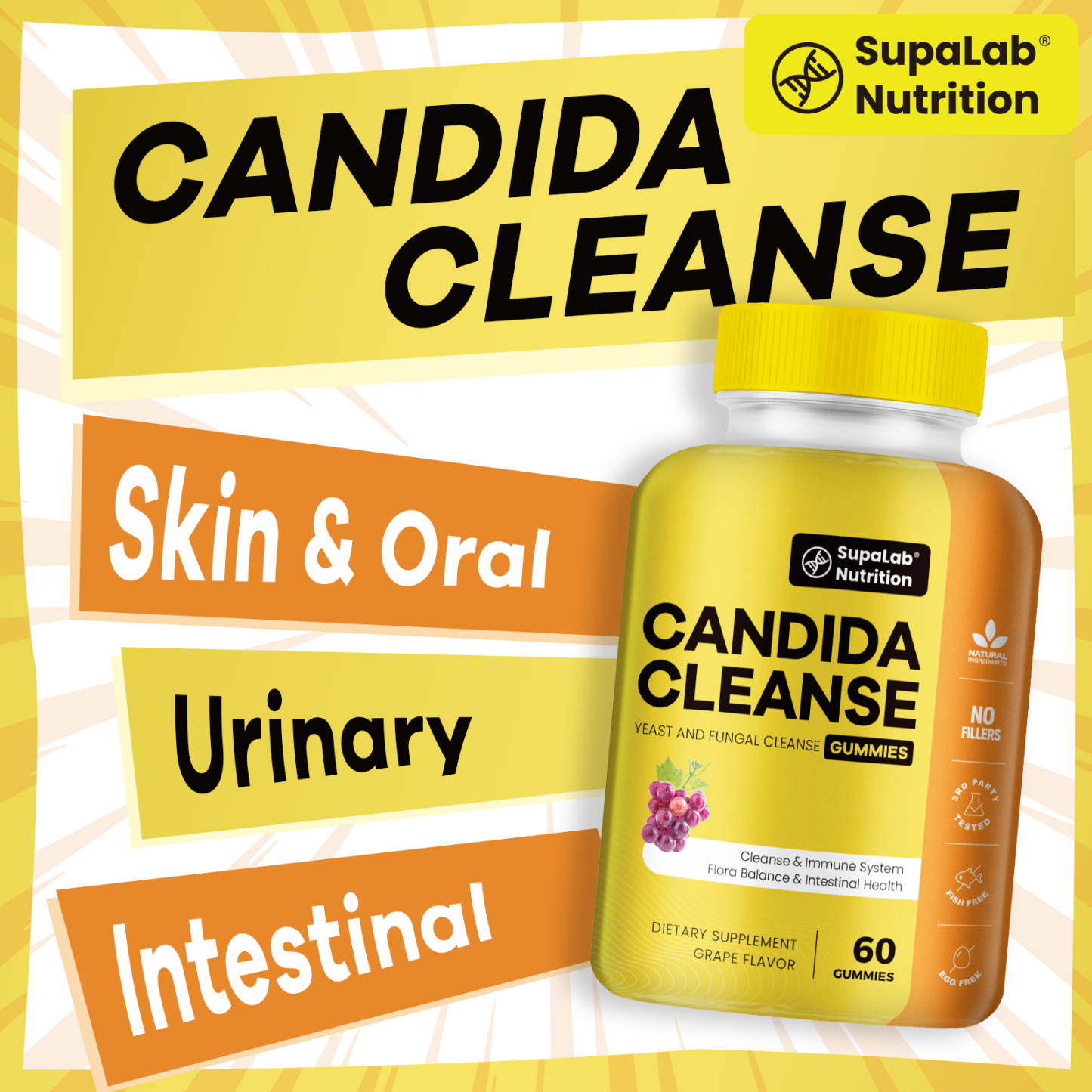 Candida Cleanse Support Gummies with Oregano Leaf, Caprylic Acid, Wormwood & Black Walnut- Gut Health, Flora Balance & Immune Support Detox Cleanse Supplement for Women & Men(60 Gummies)