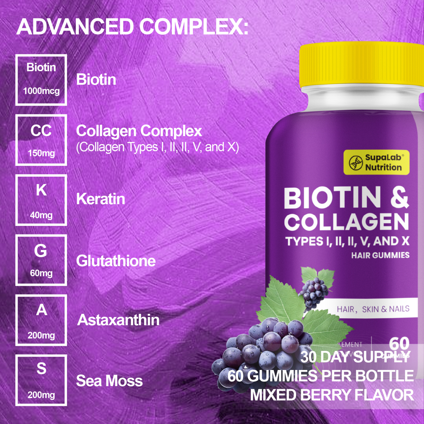 Beauty Gummies with Collagen, Glutathione, Astaxanthin for Hair, Skin, Bone, and Nails, Suitable for Men and Women, Grape Flavor, 60 Gummies
