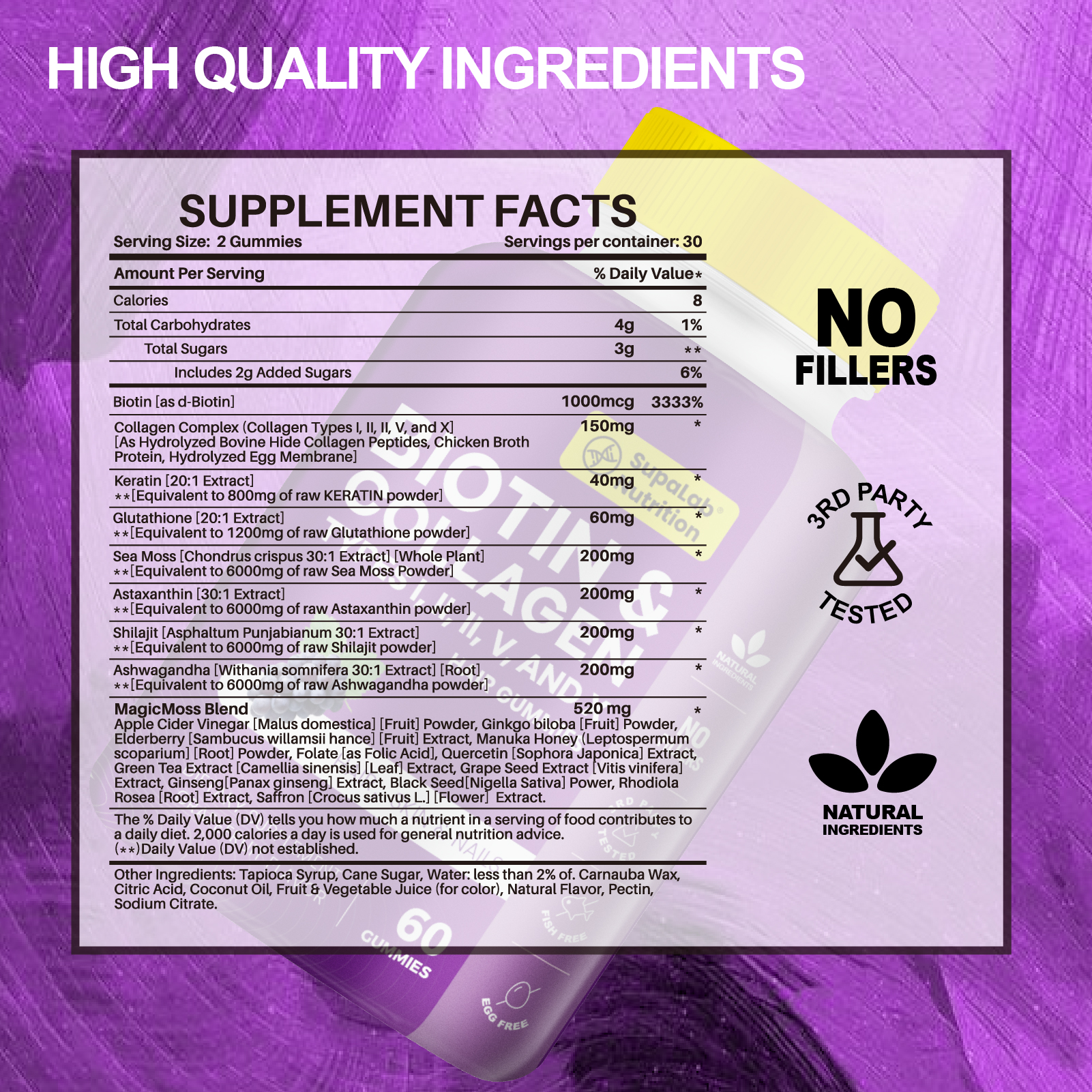 Beauty Gummies with Collagen, Glutathione, Astaxanthin for Hair, Skin, Bone, and Nails, Suitable for Men and Women, Grape Flavor, 60 Gummies