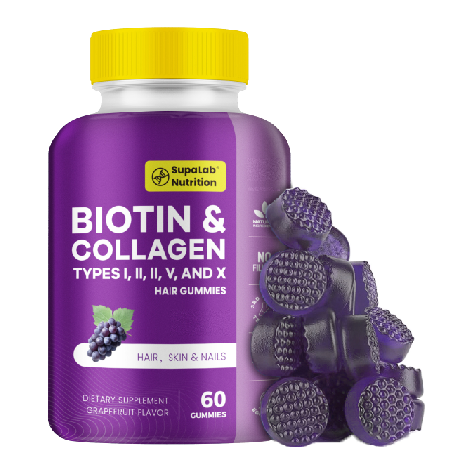 Beauty Gummies with Collagen, Glutathione, Astaxanthin for Hair, Skin, Bone, and Nails, Suitable for Men and Women, Grape Flavor, 60 Gummies