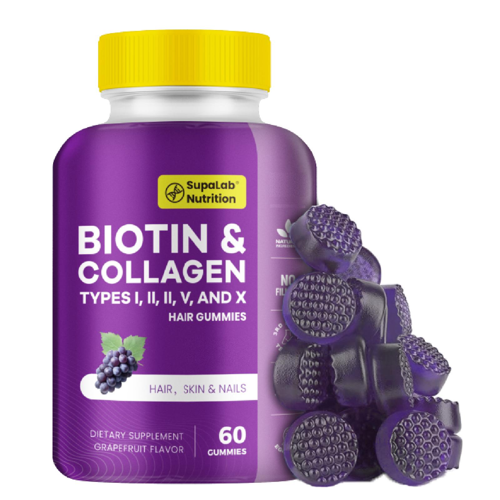 Beauty Gummies with Collagen, Glutathione, Astaxanthin for Hair, Skin, Bone, and Nails, Suitable for Men and Women, Grape Flavor, 60 Gummies