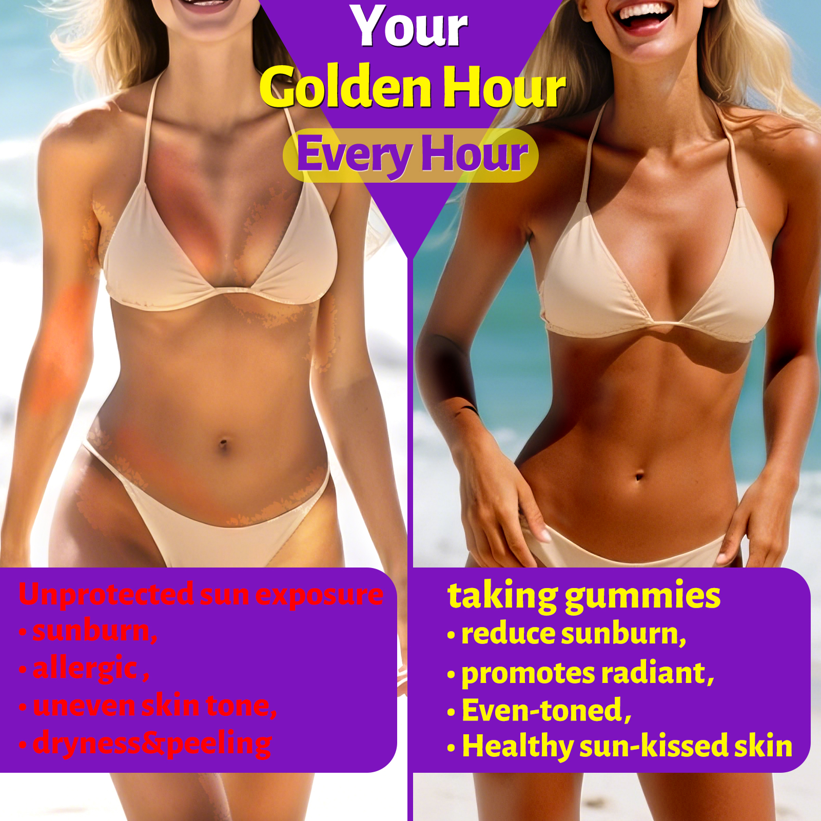 Tanning Gummies for Women Men - Natural Self Tanner Supplement with Astaxanthin, Beta Carotene, Lycopene, Zinc Citrate & Vitamins, Sunless Tan Booster, Skin Hydration & Glow (Purple)