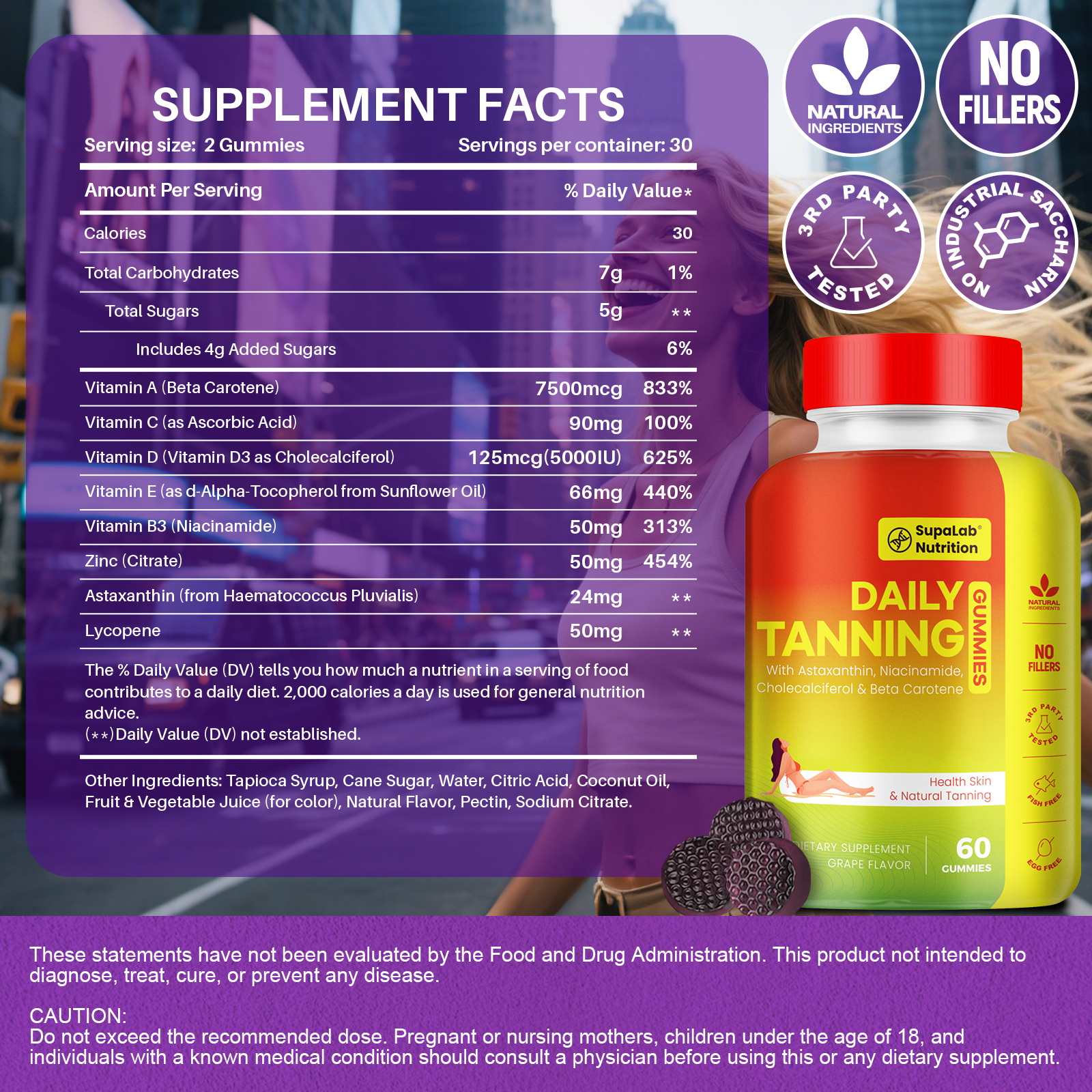 Tanning Gummies for Women Men - Natural Self Tanner Supplement with Astaxanthin, Beta Carotene, Lycopene, Zinc Citrate & Vitamins, Sunless Tan Booster, Skin Hydration & Glow (Purple)