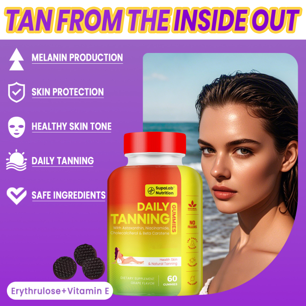Tanning Gummies for Women Men - Natural Self Tanner Supplement with Astaxanthin, Beta Carotene, Lycopene, Zinc Citrate & Vitamins, Sunless Tan Booster, Skin Hydration & Glow (Purple)