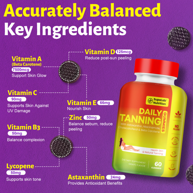 Tanning Gummies for Women Men - Natural Self Tanner Supplement with Astaxanthin, Beta Carotene, Lycopene, Zinc Citrate & Vitamins, Sunless Tan Booster, Skin Hydration & Glow (Purple)