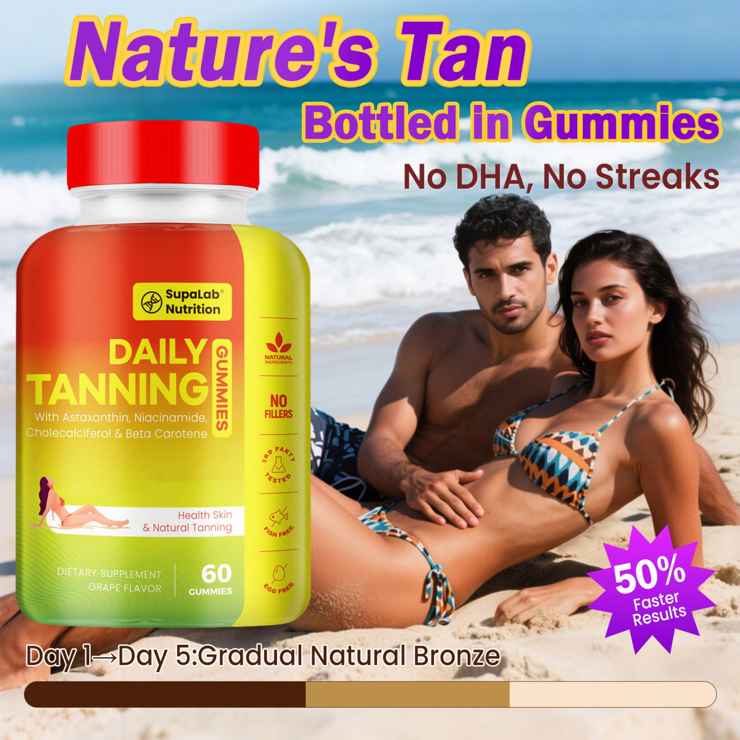 Tanning Gummies for Women Men - Natural Self Tanner Supplement with Astaxanthin, Beta Carotene, Lycopene, Zinc Citrate & Vitamins, Sunless Tan Booster, Skin Hydration & Glow (Purple)