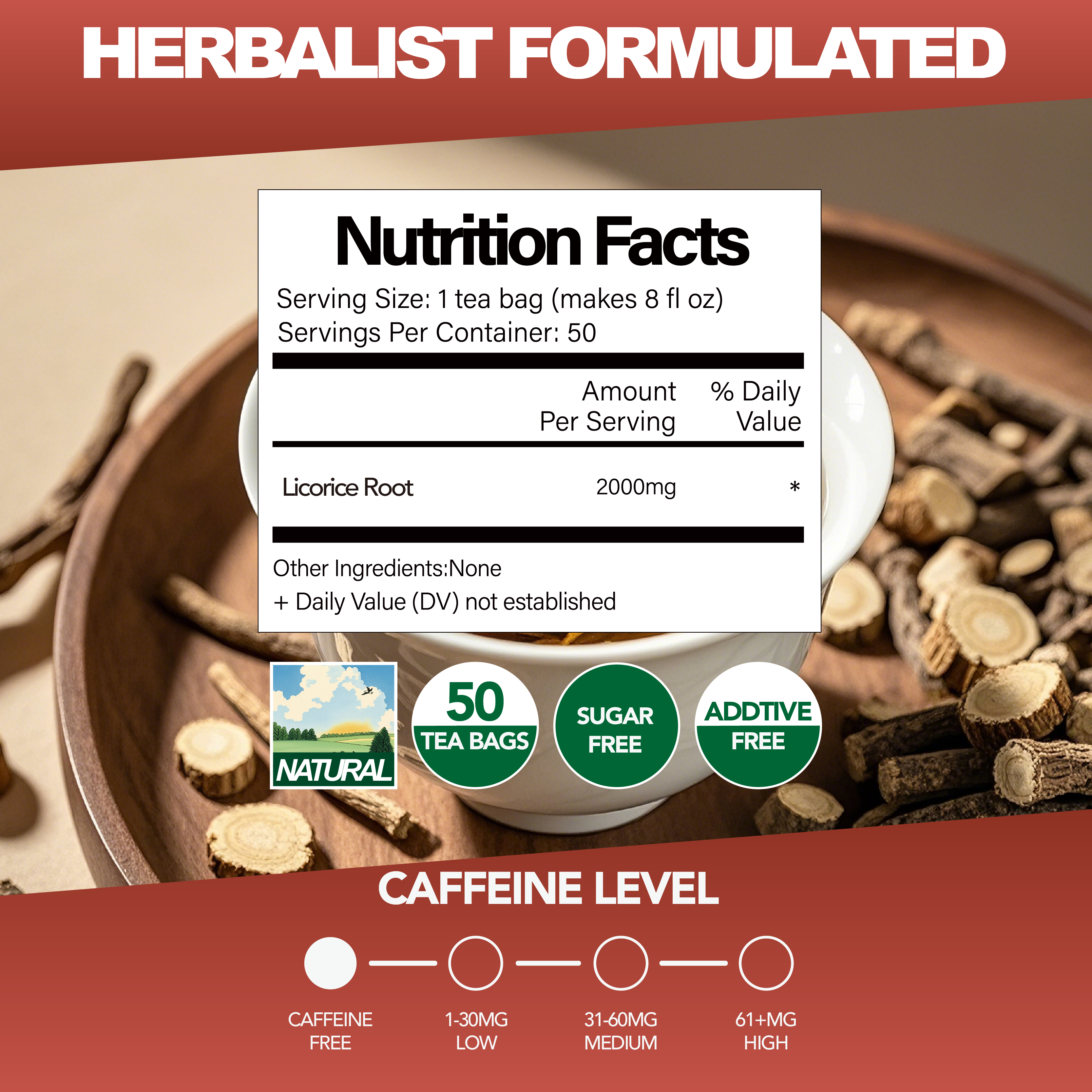 Licorice Root Herbal Tea | Caffeine-Free Tea Bags | 50 Packs