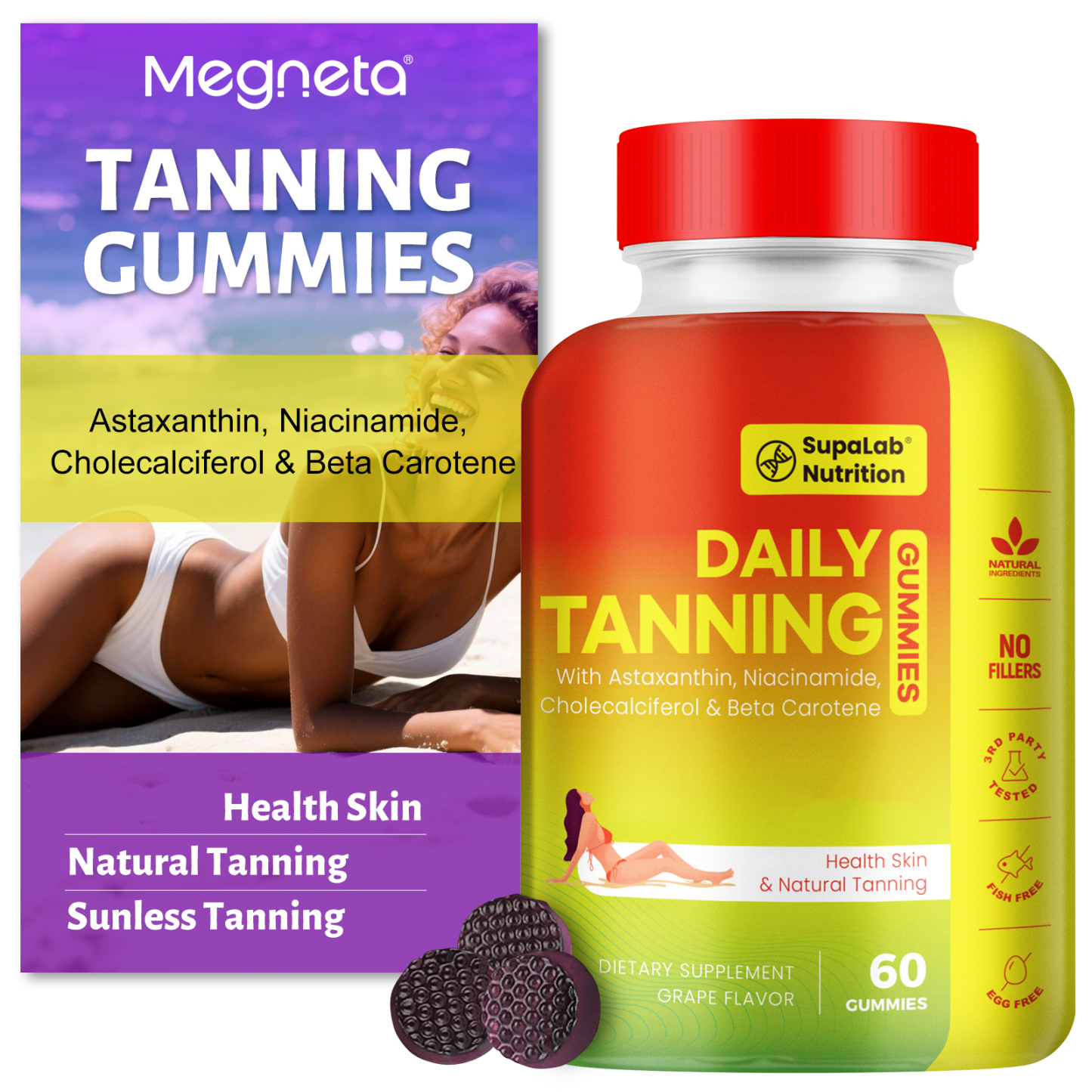 Tanning Gummies for Women Men - Natural Self Tanner Supplement with Astaxanthin, Beta Carotene, Lycopene, Zinc Citrate & Vitamins, Sunless Tan Booster, Skin Hydration & Glow (Purple)