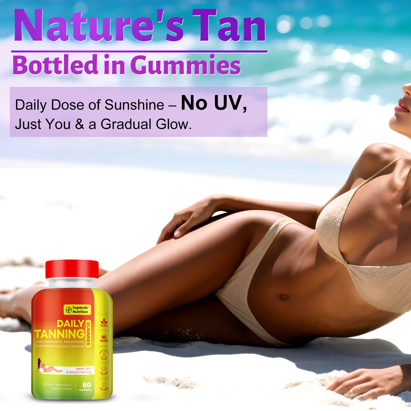 Tanning Gummies for Women Men - Natural Self Tanner Supplement with Astaxanthin, Beta Carotene, Lycopene, Zinc Citrate & Vitamins, Sunless Tan Booster, Skin Hydration & Glow (Purple)