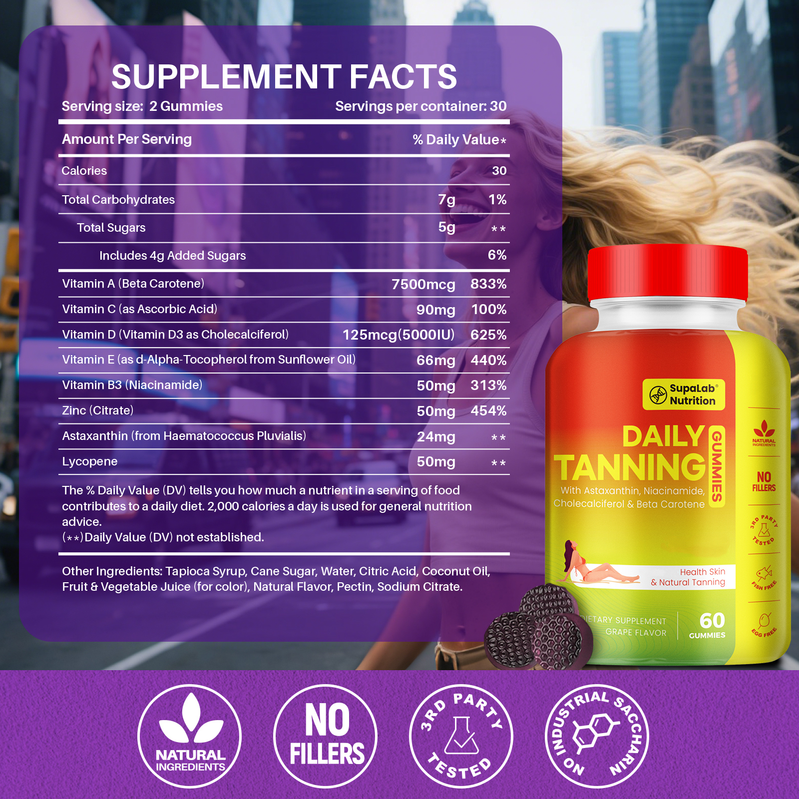 Tanning Gummies for Women Men - Natural Self Tanner Supplement with Astaxanthin, Beta Carotene, Lycopene, Zinc Citrate & Vitamins, Sunless Tan Booster, Skin Hydration & Glow (Purple)