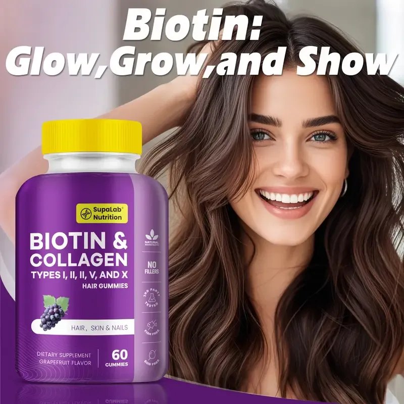 Beauty Gummies with Collagen, Glutathione, Astaxanthin for Hair, Skin, Bone, and Nails, Suitable for Men and Women, Grape Flavor, 60 Gummies