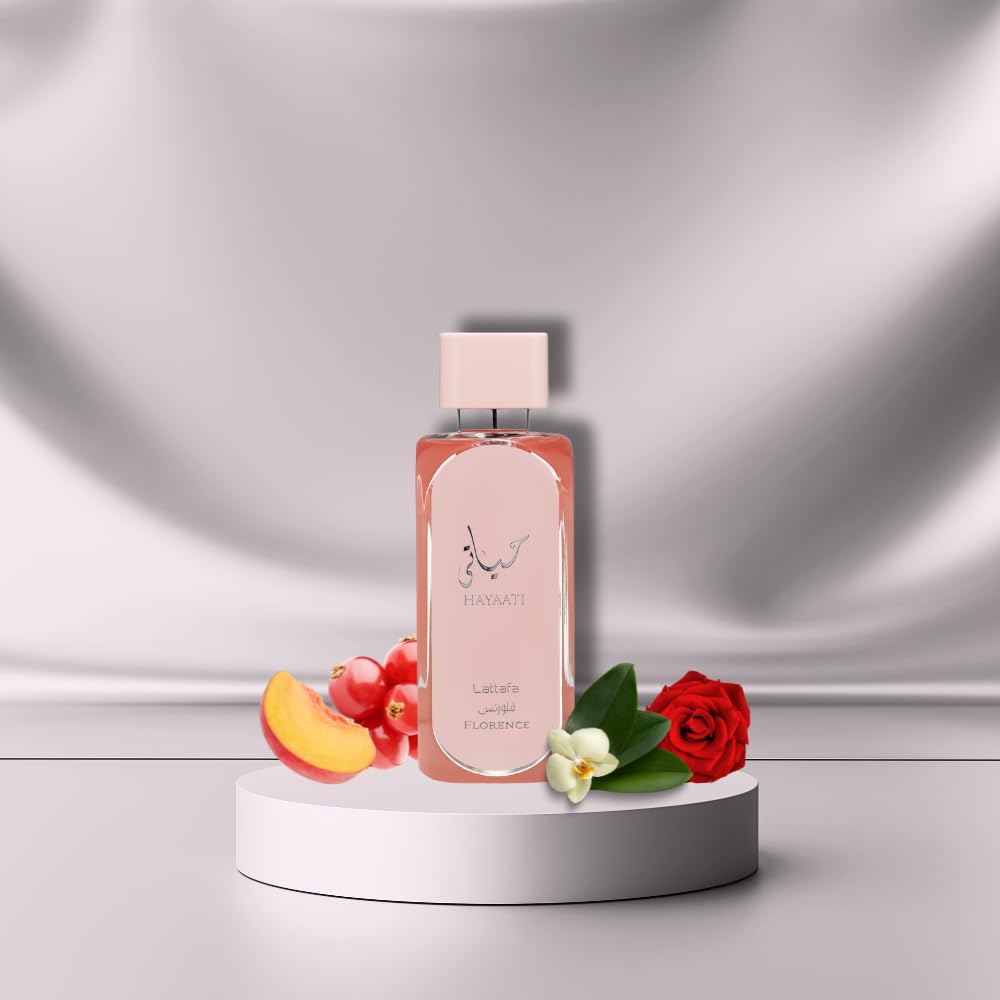 Lattafa Hayaati Florence Eau de Parfum Spray 3.4 oz / 100 ml | Long-Lasting Floral Fruity Gourmand Perfume for Women | Lychee, Peach & Amber Musk Fragrance