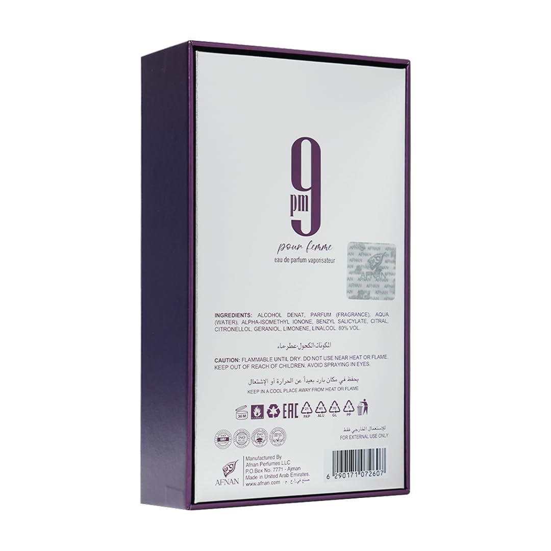 Afnan 9 PM Pour Femme Eau de Parfum 3.4 fl oz | Sweet Fruity Amber Long-Lasting Perfume for Women | Apple, Raspberry & Amber Luxury Fragrance