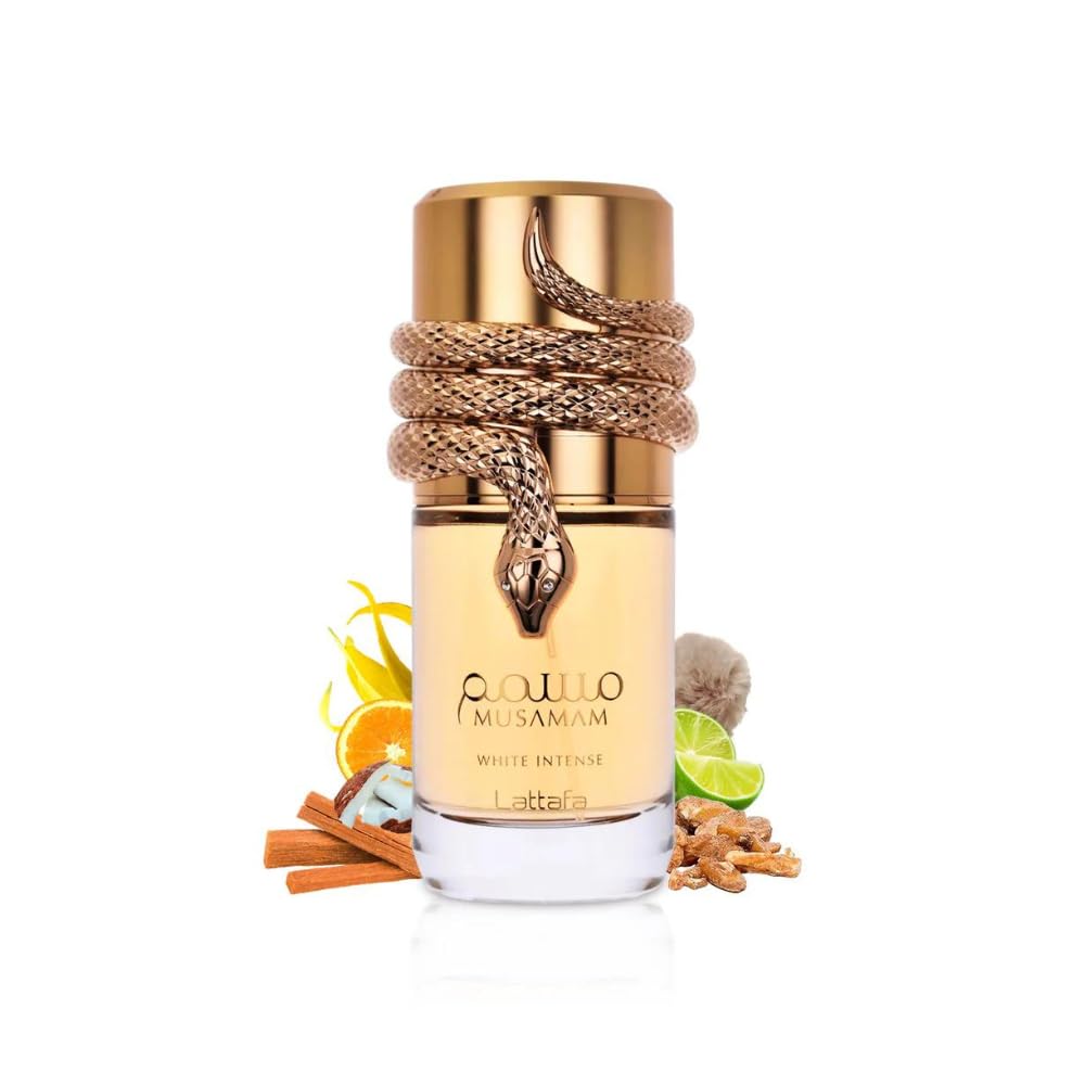 Lattafa Musamam White Intense Eau de Parfum Spray 3.4 oz / 100 ml | Long-Lasting Spicy Woody Coconut Perfume for Unisex | Bergamot, Ambroxan & Sandalwood Fragrance