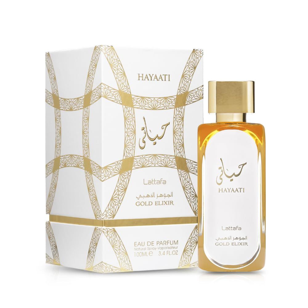 Lattafa Hayaati Gold Elixir Eau de Parfum Spray 3.4 oz / 100 ml | Long-Lasting Unisex Woody Amber Vanilla Perfume | Bergamot, Leather, Peach & Saffron Fragrance