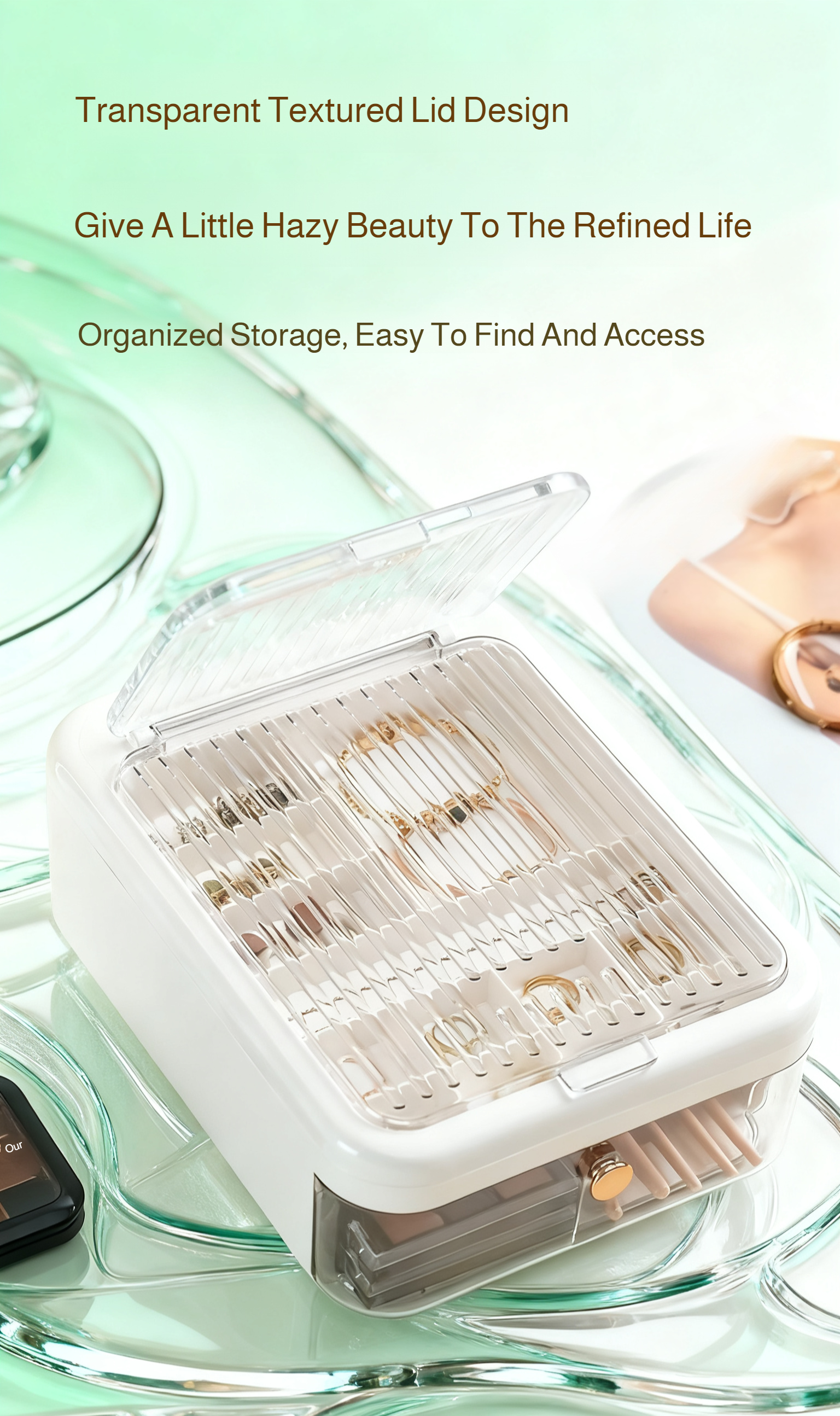 Open jewelry case showing compartments for earrings and rings